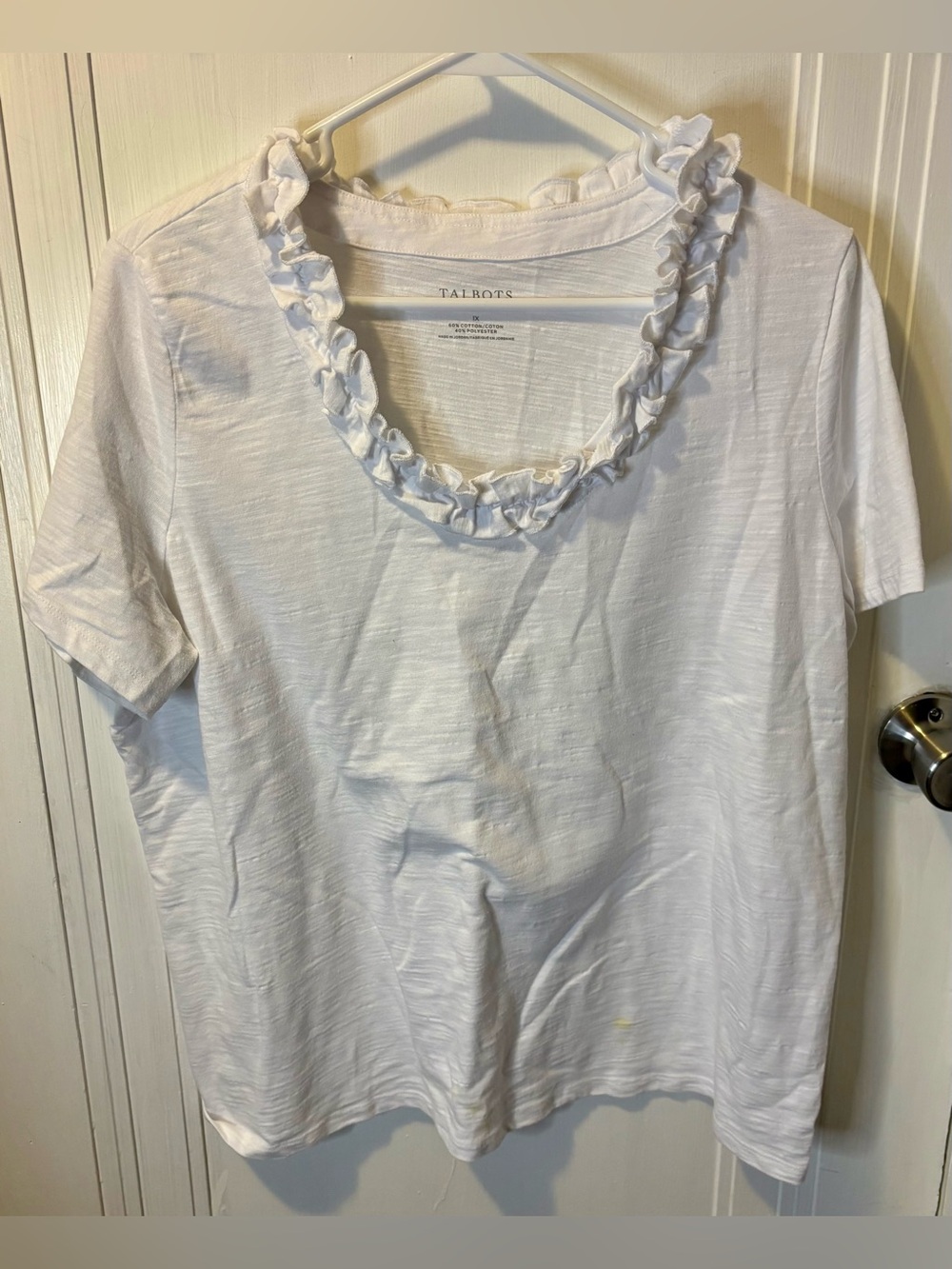 Talbots White Ruffle-Neck Short Sleeve Tee